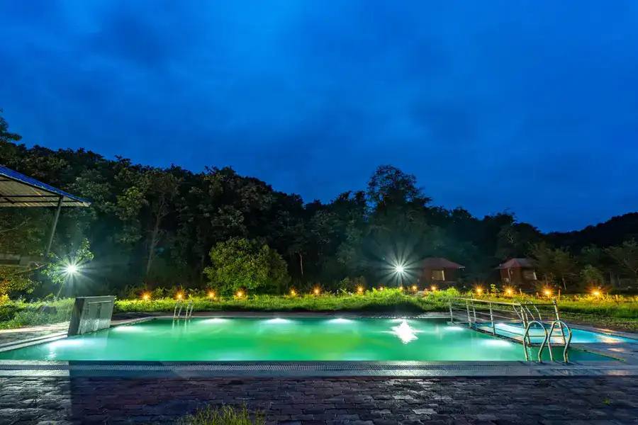 Crystal clear swimming pool at Tusker Trails with forest backdrop